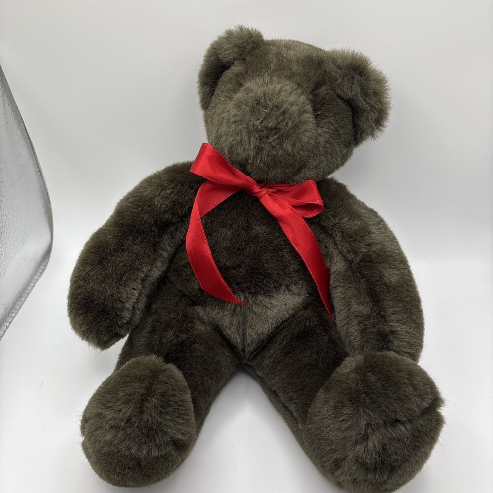 Vermont Teddy Bear Friend For Life Charcoal Grey Plush Red Ribbon 14 Inch